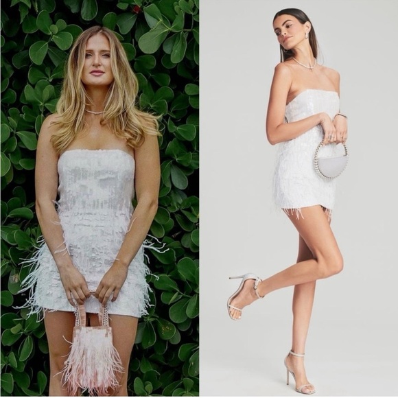 Retrofete Dresses & Skirts - NWT RETROFETE Hand Stitched Sequin Ostrich Feather Trim Strapless Mini Dress XS